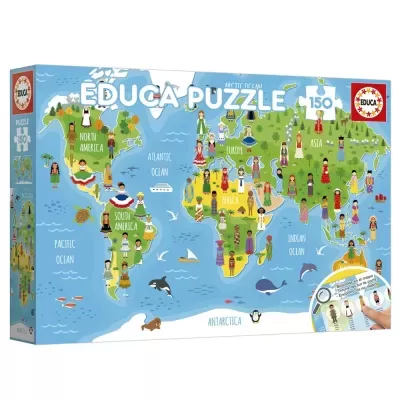 Quebra-cabeças EDUCA PUZZLE mapa mundial com 150 peças e personagens tradicionais