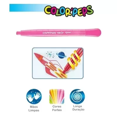 Marcador rosa ColorPeps Twist com ilustração de um foguetão desenhado e descrições em português sobre o produto