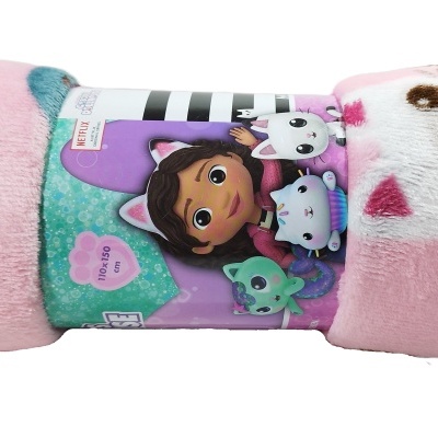 Manta infantil cor-de-rosa com padrão de rosto de animal e embalagem colorida com personagem