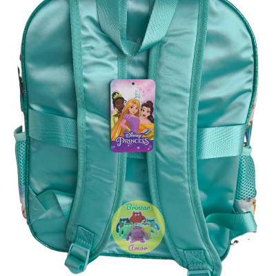Mochila azul-turquesa com alças e etiquetas da Disney Princess