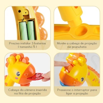Detalhes de brinquedo girafa amarelo e laranja com bateria e função de projeção