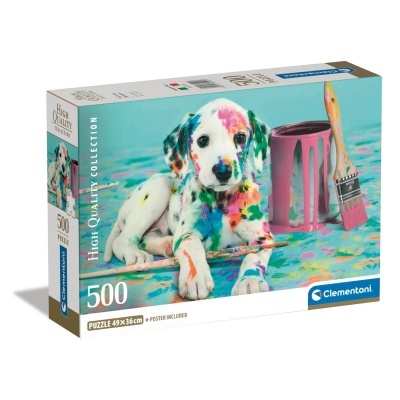 Caixa de puzzle de 500 peças com imagem de cachorro colorido e pincel
