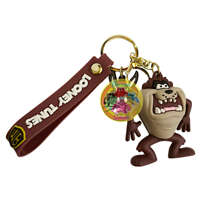 Chaveiro Taz Looney Tunes em PVC com argola dourada e fita de silicone castanha com texto branco
