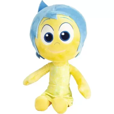 Pelucha infantil personagem com cabelo azul e corpo amarelo vestido