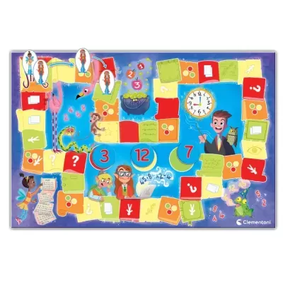 Jogo de tabuleiro colorido com personagens, números e símbolos variados