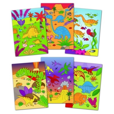 Seis cadernos com capas ilustradas com dinossauros e plantas coloridas