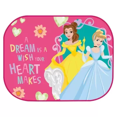 Tapete infantil rosa com princesas Disney em vestidos azul claro e amarelo e texto inspirador.