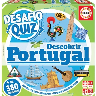 Caixa de jogo 'Desafio Quiz? Descobrir Portugal' com ícones culturais portugueses