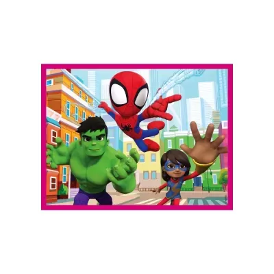 Personagens animados coloridos Hulk, Homem-Aranha e rapariga mascarada em fundo urbano