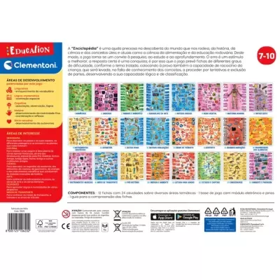 Embalagem do jogo educativo Clementoni 'Enciclopédia' para crianças dos 7 aos 10 anos com fichas e atividades coloridas.