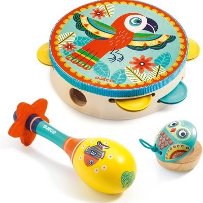 Conjunto de instrumentos musicais infantis de madeira com tambor, maraca e castanhola coloridos