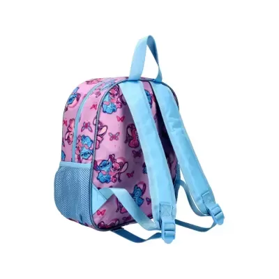 mochila infantil rosa com padrão de borboletas e alças azuis