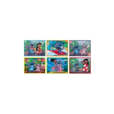 Seis posters coloridos do desenho Lilo & Stitch com personagens principais e molduras coloridas.