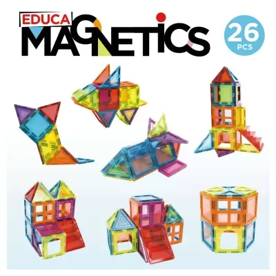 Peças magnéticas coloridas de plástico translúcido formando figuras variadas com texto EDUCA MAGNETICS 26 PCS