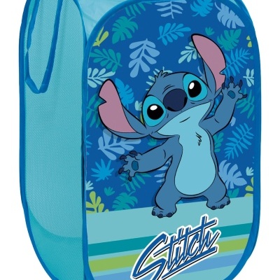 Cesto de roupa suja azul com personagem Stitch e palavra 'Stitch'
