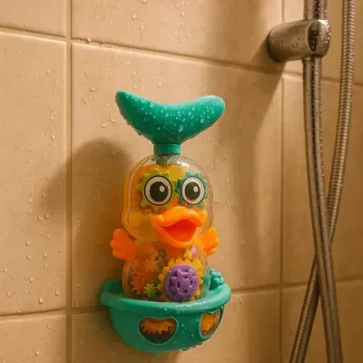 Brinquedo de banho pato amarelo com engrenagens coloridas em suporte turquesa na parede de azulejos molhada