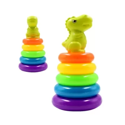 Brinquedo empilhável colorido com cabeça de dinossauro verde no topo