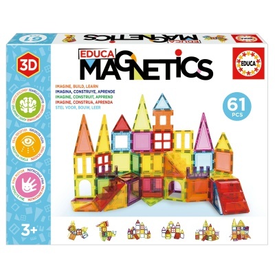 Conjunto de construção Educamagnetics 61 peças coloridas para crianças maiores de 3 anos.