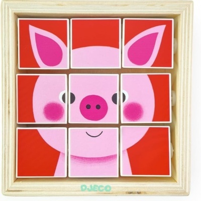 Quebra-cabeças de madeira com imagem de um porco rosa e fundo vermelho