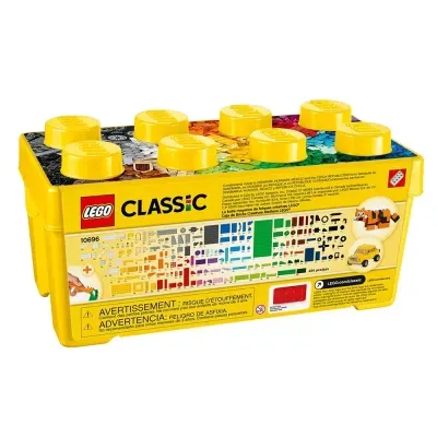 Caixa amarela de LEGO Classic com peças e avisos no rótulo