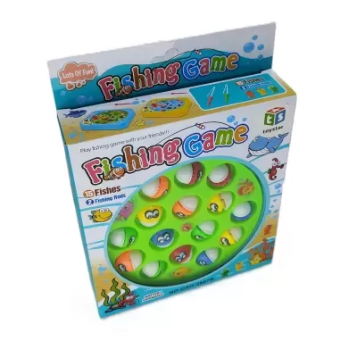 Jogo de pesca infantil com peixes coloridos e varas, em embalagem branca e azul.