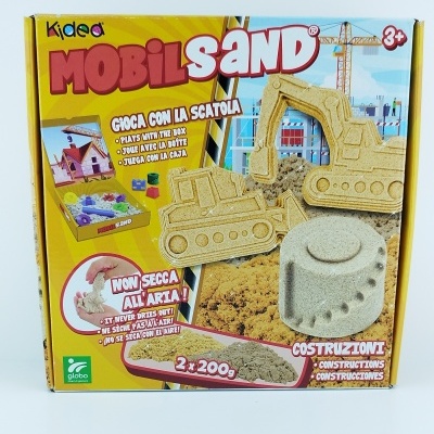 Caixa do brinquedo Mobil Sand com areia moldável e moldes de escavadoras amarelas