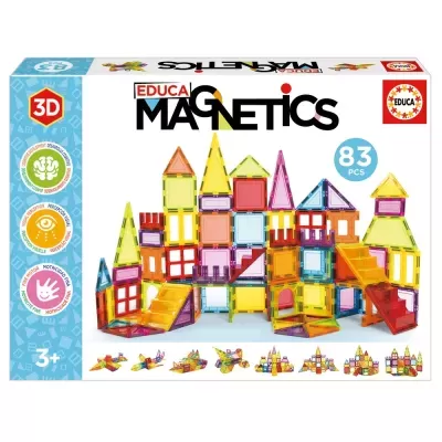Caixa do brinquedo EDUCA MAGNETICS com 83 peças magnéticas coloridas para construção 3D