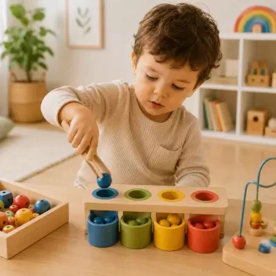 Criança a brincar com brinquedo educativo de madeira colorido em ambiente interior