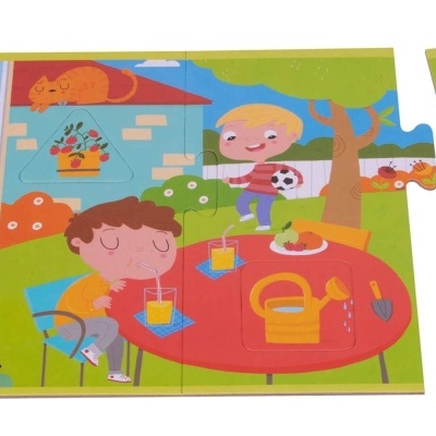 Quebra-cabeça infantil com ilustração colorida de crianças e animais no jardim.