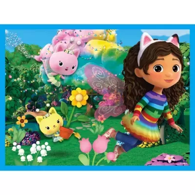 Personagem infantil com vestido colorido e orelhas de gato junto a criaturas animadas num jardim