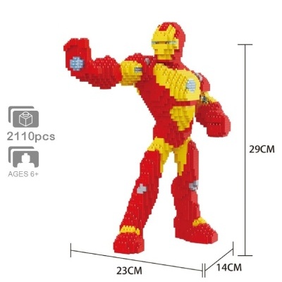Figura herói vermelho e amarelo de blocos de construção com dimensões