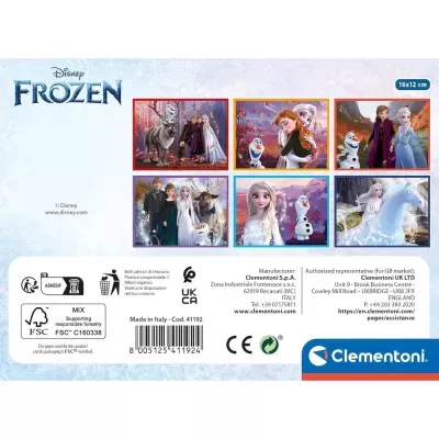 Caixa de puzzle Disney Frozen com imagens dos personagens e informações do fabricante