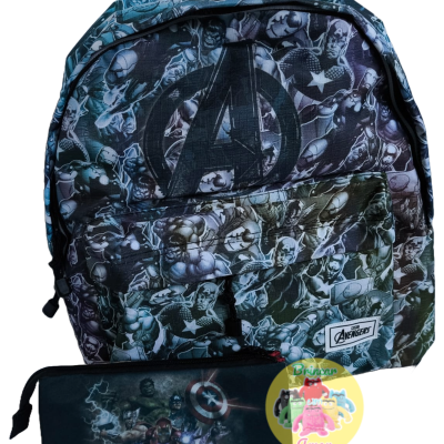 Mochila e estojo Avengers com personagens em tecido preto, cinzento e azul