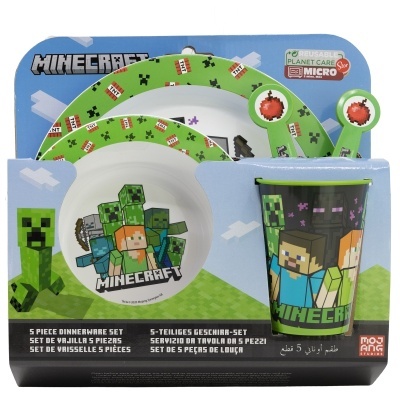 Conjunto de loiça Minecraft com prato, taça e copo em embalagem azul e verde
