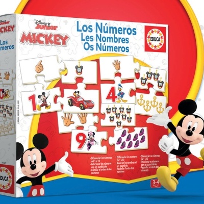 Jogo educativo Disney Mickey Los Números com peças de quebra-cabeça e imagens do Mickey e MC Queen
