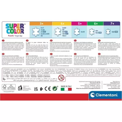 Embalagem de puzzles Clementoni SUPER COLOR com detalhes das idades e número de peças