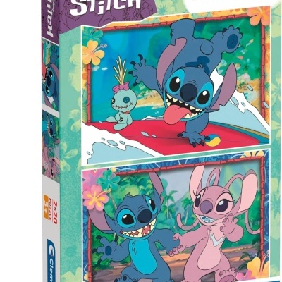 Embalagem de puzzles Disney Stitch com personagens Stitch e Angel em fundo tropical