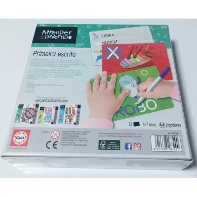 Embalagem do jogo educativo Aprender é Divertido Primeira escrita, com fichas coloridas e caneta, para crianças 4-7 anos.