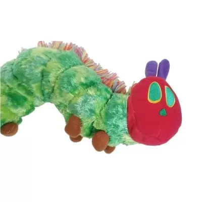 Pelúcia de lagarta verde com cabeça vermelha e olhos bordados coloridos