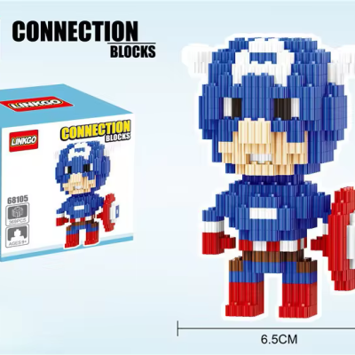 Blocos de construção para figura super-herói azul e vermelho com escudo e caixa azul