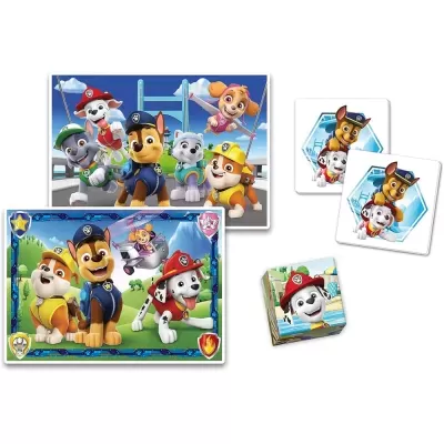 Conjunto de jogos da Patrulha Pata com cartões e dado em papel colorido.