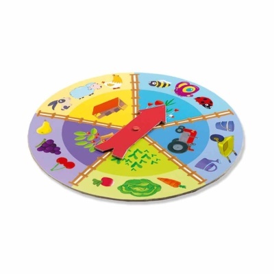 Relógio educativo circular colorido com ilustrações e ponteiros vermelhos