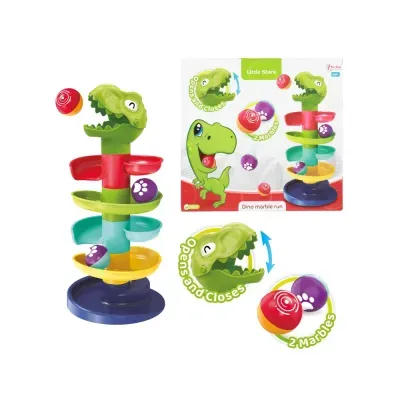 Brinquedo Dino marble run colorido com cabeça de dinossauro que abre e fecha e duas bolas coloridas