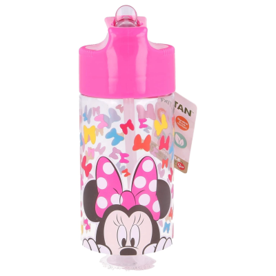 Garrafa plástica transparente com tampa rosa e desenho da Minnie Mouse