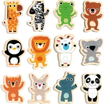 Figuras decorativas de animais de madeira coloridas em desenho cartoon.