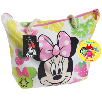 Saco branco com estampa da Minnie Mouse e frutas coloridas, alças de corda e fecho cor-de-rosa