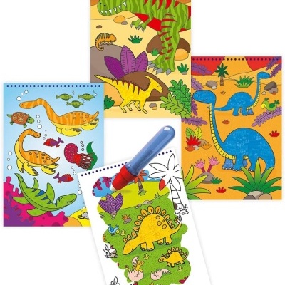 Painéis ilustrados de dinossauros coloridos com marcador azul