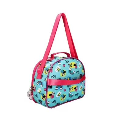 Bolsa infantil azul clara com padrão colorido e alças rosas