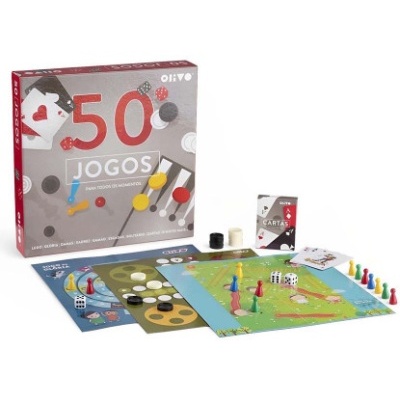 Caixa e conteúdo do conjunto de 50 jogos OLIVO com tabuleiros, peças e cartas