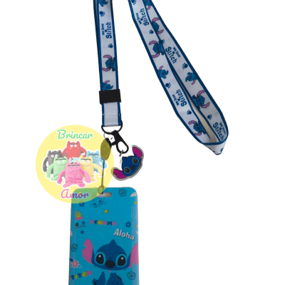 Suporte azul para cartão com personagem Stitch e fita branca com Stitch